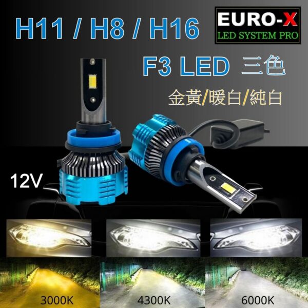 F3 三色LED H11/H8/H16 黃/暖白/純白光 12V 汽車霧燈頭燈燈泡